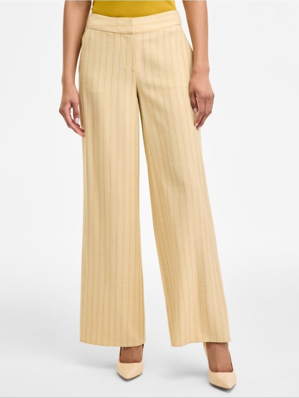 Tahari ASL Cream Pinstripe Wide-Leg Trousers Pinstriped Mid Rise Size 10,16